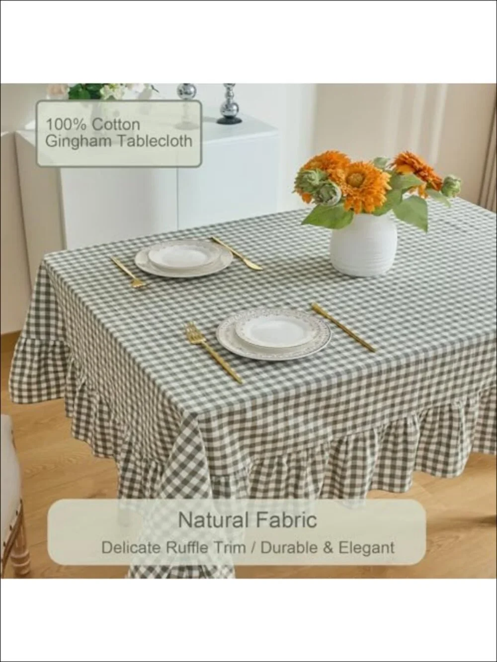 Washed Cotton Tablecloth Gingham Check Ruffled Dining Kitchen